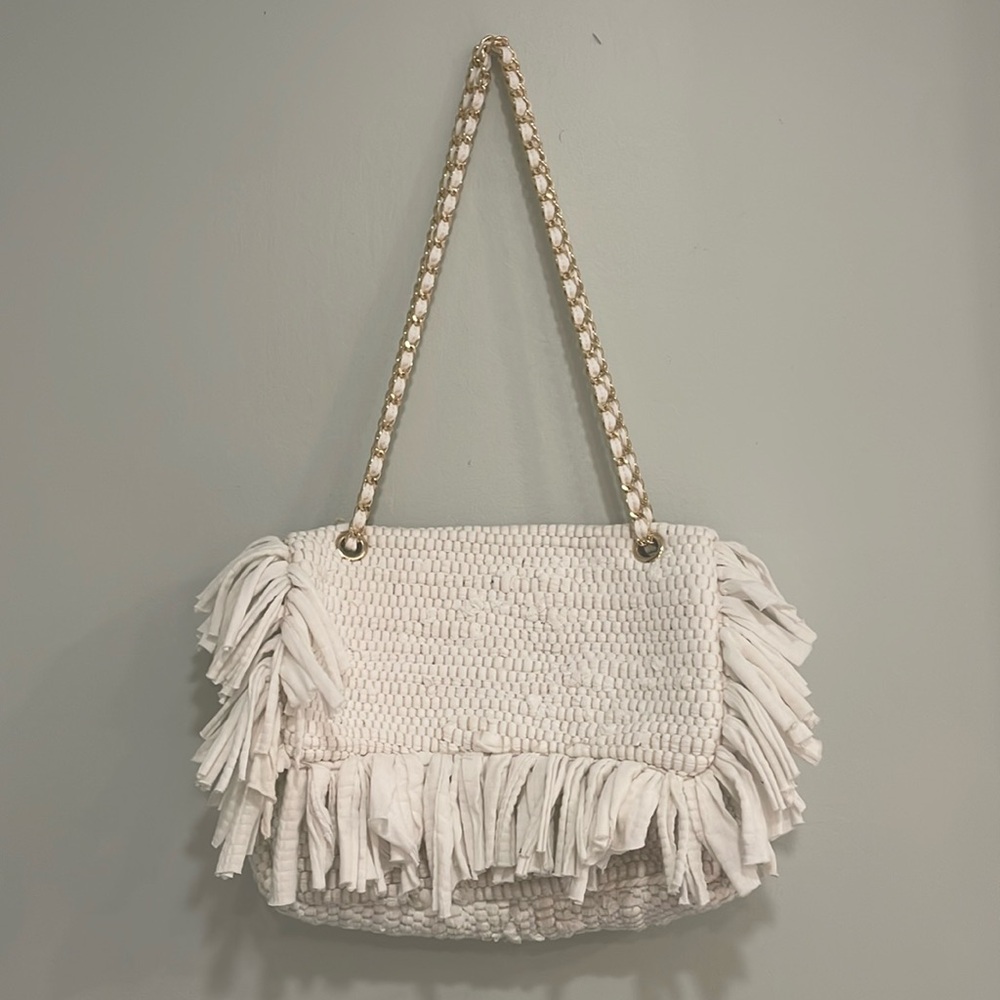 Bohemian White  and gold hand woven with side fringes MIA Bag Made In Italy